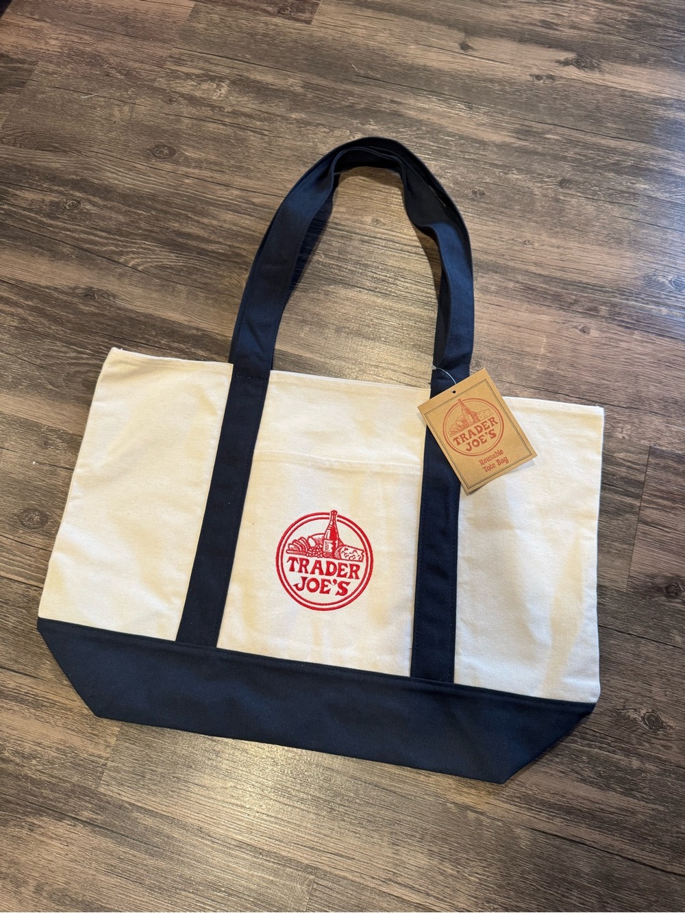 Trader Joe's Canvas Tote Bag Cream & Navy Blue